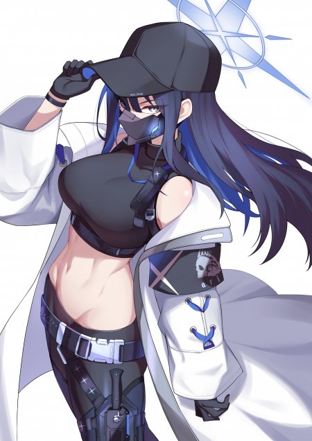 赛博朋克风格蓝发少女戴黑帽面具白袍黑衣蓝紫动漫手机壁纸
