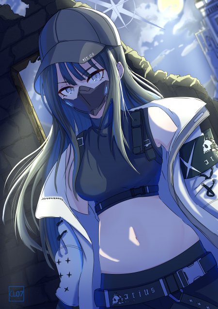 赛博朋克风格蓝发少女戴帽蒙面战术装束蓝紫动漫手机壁纸
