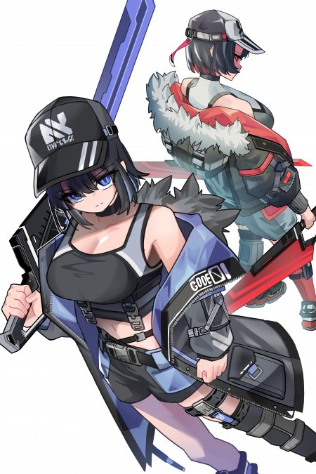 赛博朋克风格双少女持械战斗蓝紫动漫手机壁纸