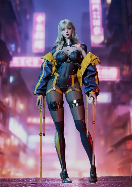 赛博朋克风格银发少女黄蓝机甲风紫粉霓虹动漫手机壁纸