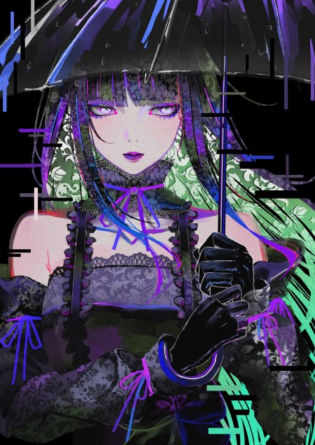 赛博朋克风格紫发少女持伞暗黑霓虹动漫手机壁纸