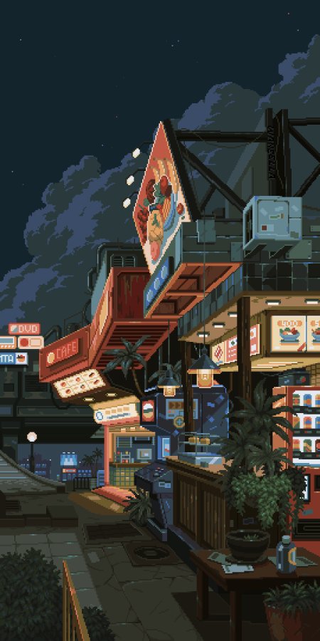 赛博朋克风霓虹街景夜市像素艺术蓝紫人文风土创意手机壁纸