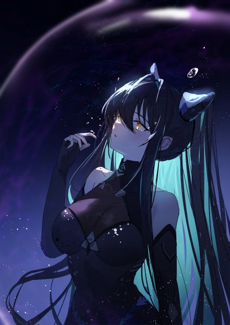 赛博朋克风黑发猫耳少女金瞳紫蓝星空动漫手机壁纸