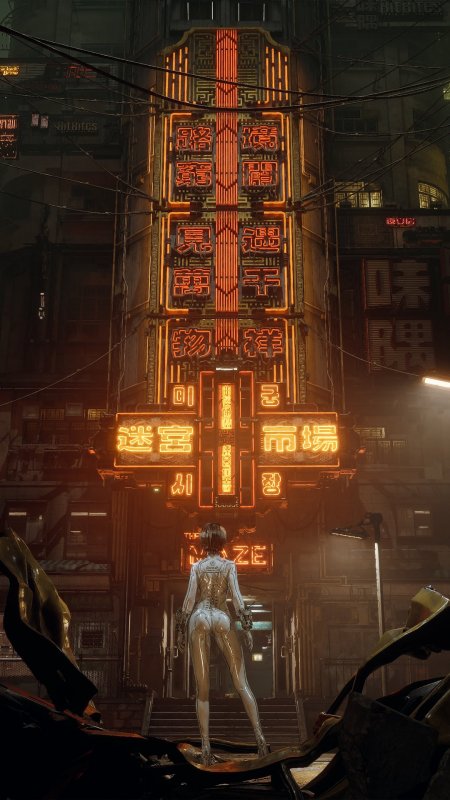 赛博朋克霓虹招牌迷宫市场夜景橙红科幻手机壁纸