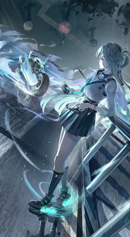 赛博朋克少女银发双马尾持械站立青蓝光效动漫手机壁纸