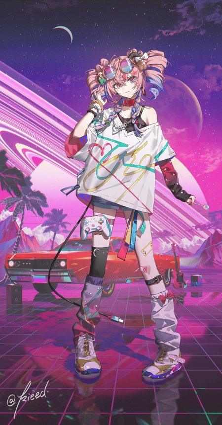 赛博朋克少女粉发双马尾手持游戏手柄霓虹紫粉动漫手机壁纸