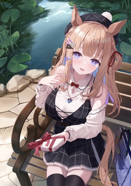 赛马娘无声铃鹿湖边长椅持礼盒紫瞳少女动漫手机壁纸