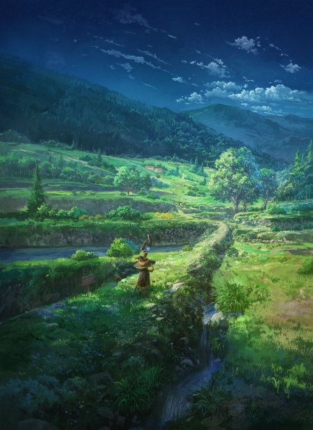 山间小径旅人背影青绿插画动漫手机壁纸