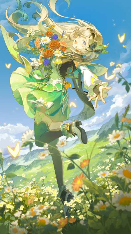 森系绿裙少女花海奔跑蓝天白云动漫手机壁纸