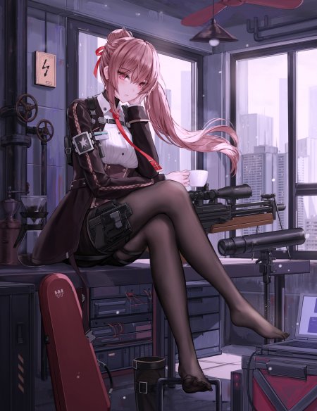 少女粉发红瞳持杯坐窗台工业风室内场景暗紫动漫手机壁纸