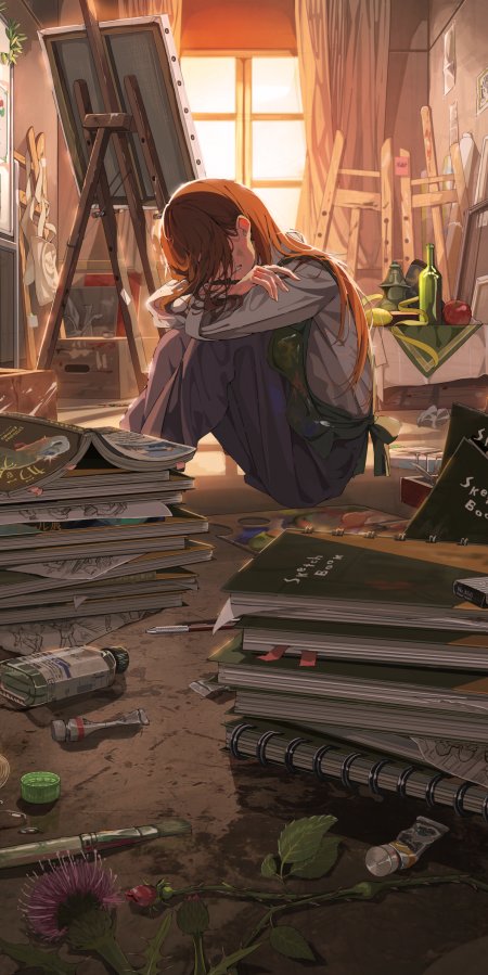 少女画家蜷坐画室暖橙动漫手机壁纸