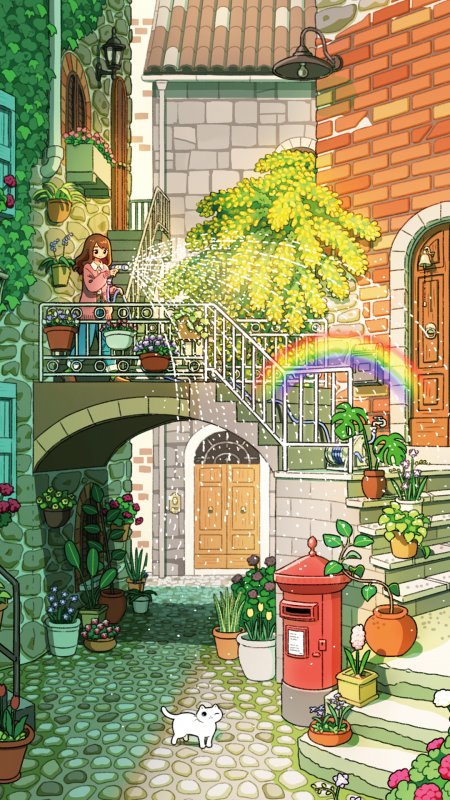 少女阳台洒水彩虹跃现绿植环绕石巷温馨插画创意手机壁纸