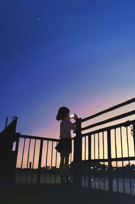 少女天台拍星夜蓝紫渐变动漫手机壁纸
