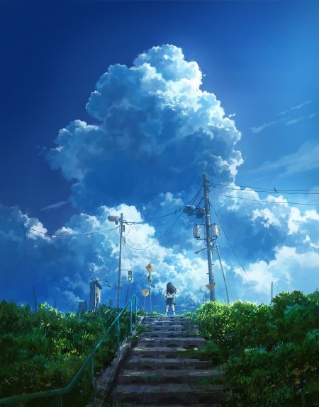 少女仰望巨云阶梯绿植蓝白风景动漫手机壁纸