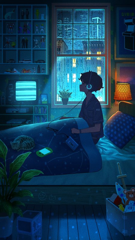 深夜雨窗少年戴耳机卧床蓝调动漫手机壁纸