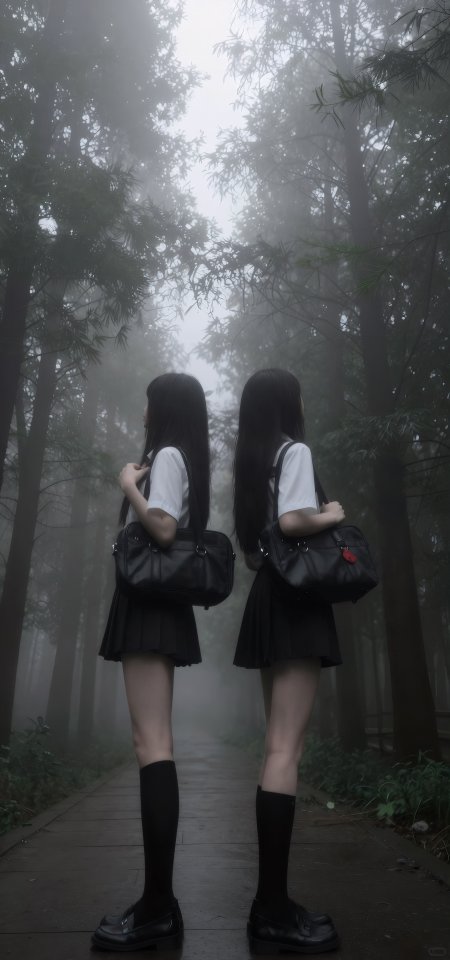 双马尾黑裙少女雾林小径背影灰蓝情感文艺创意手机壁纸