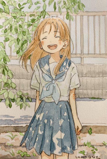 水彩风格金发少女水手服微笑绿叶背景蓝白清新动漫手机壁纸