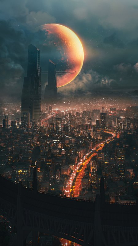 未来都市夜景霓虹璀璨橙红科幻城市建筑手机壁纸