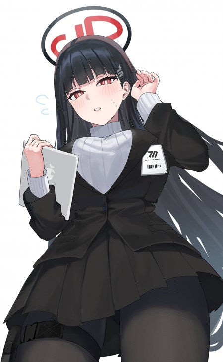 蔚蓝档案长发红瞳少女黑裙持平板害羞动漫手机壁纸