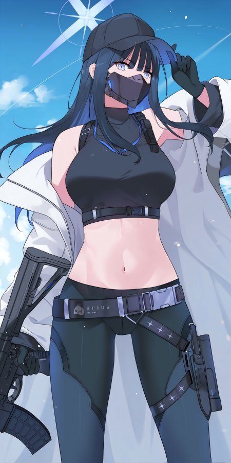 蔚蓝天空下黑发蒙面少女持枪站立蓝白动漫手机壁纸