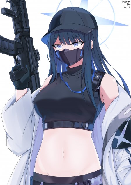 蔚蓝长发黑帽少女持枪冷峻蓝黑动漫手机壁纸