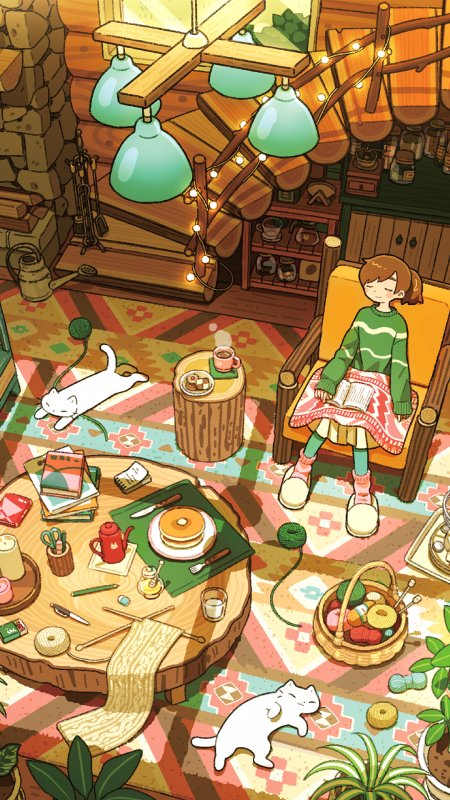温馨木屋少女阅读猫咪嬉戏暖橙插画创意手机壁纸