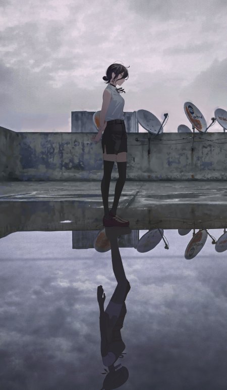 屋顶少女侧身凝望水洼倒影灰蓝情感文艺创意手机壁纸