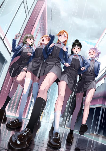 五位女高中生雨中奔跑蓝灰校服粉紫背景动漫手机壁纸