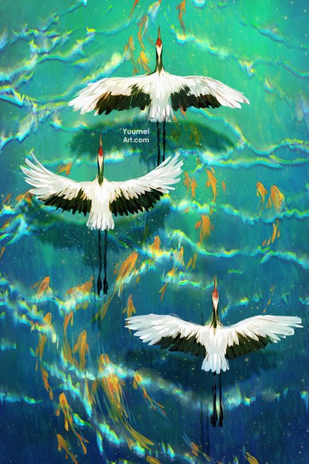 仙鹤展翅飞翔碧波金鳞奇幻插画手机壁纸