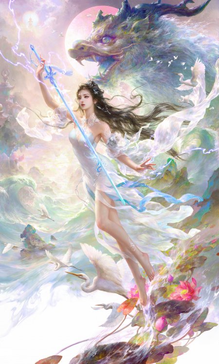仙侠少女持剑御风白鹭环绕粉紫梦幻古风手机壁纸