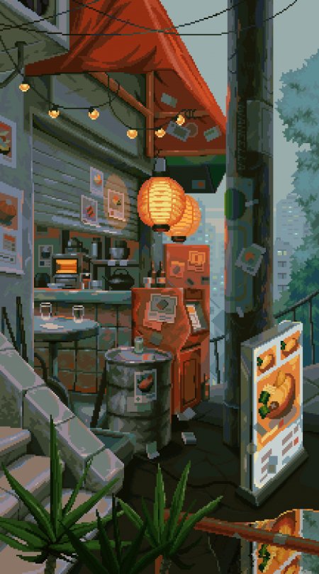 像素风街角咖啡馆暖橙绘画创意手机壁纸