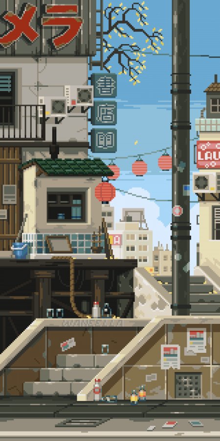 像素风日式街景小巷红灯笼蓝空绘画创意手机壁纸