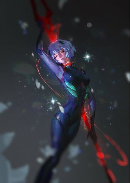 新世纪福音战士绫波丽闭眼举枪蓝紫霓虹动漫手机壁纸