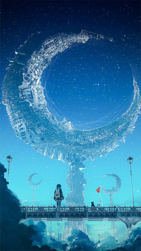 星空巨环城市废墟少女仰望蓝紫奇幻科幻手机壁纸