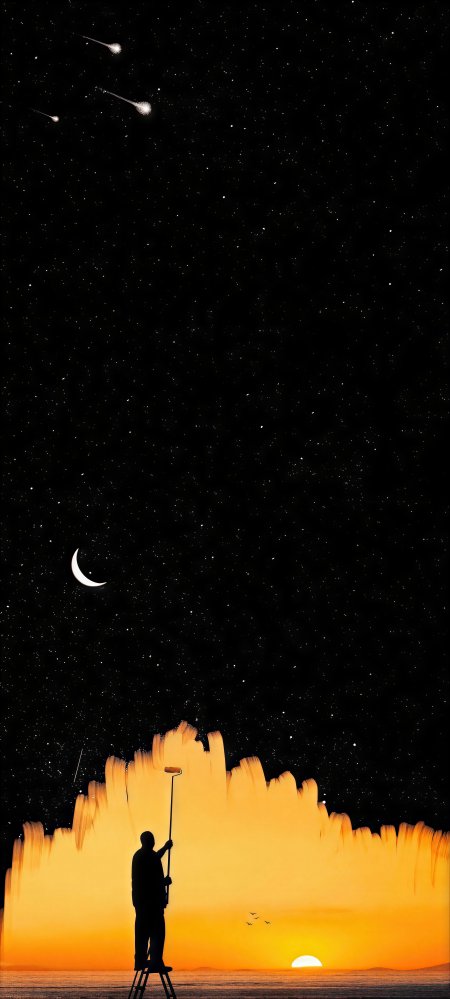 星空流星划过夜空弯月高悬橙黄地平线剪影男子持杆立梯仰望暗黑唯美创意手机壁纸