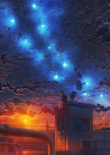 星空下屋顶少女仰望星河蓝紫渐变动漫手机壁纸