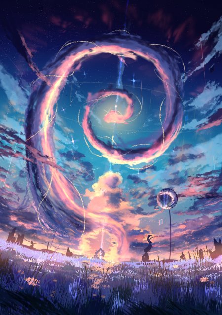 星云漩涡光带环绕梦幻紫蓝天空奇幻风景动漫手机壁纸