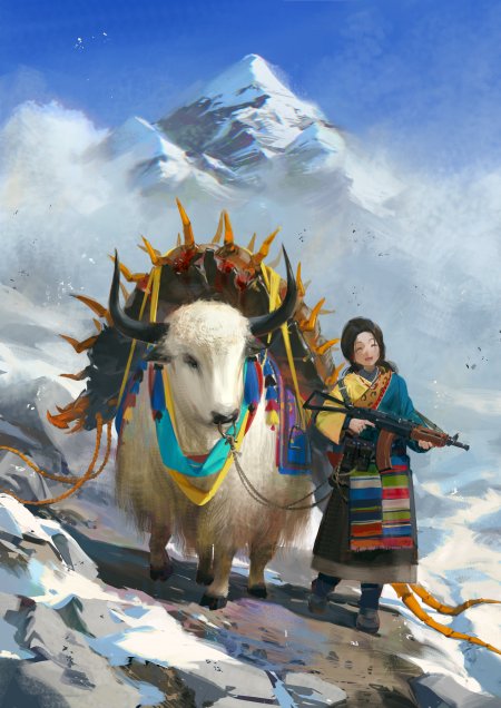 雪山牦牛少女持枪藏装蓝白奇幻插画手机壁纸