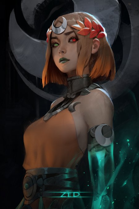 异色瞳少女机械臂红叶装饰暗绿科幻动漫手机壁纸