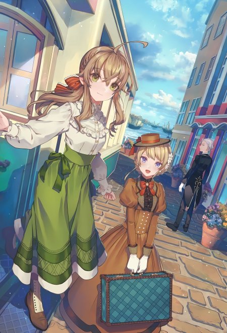 异世界街道少女旅行伙伴绿棕清新动漫手机壁纸