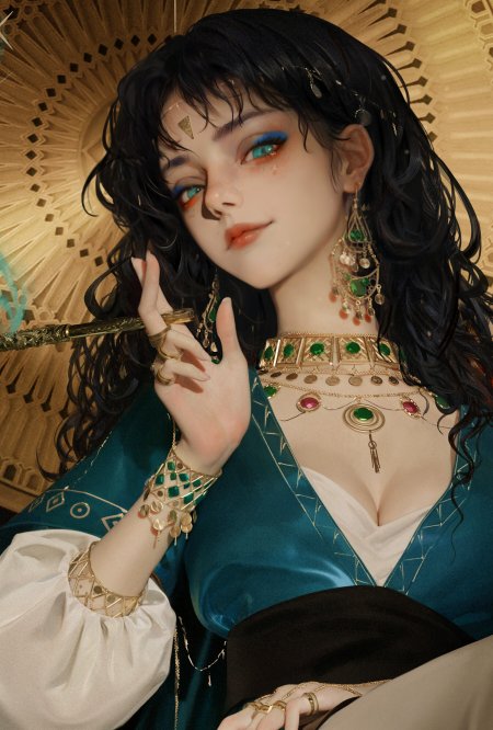 异域风情黑发少女蓝绿眼妆金饰华服暗金奇幻手机壁纸