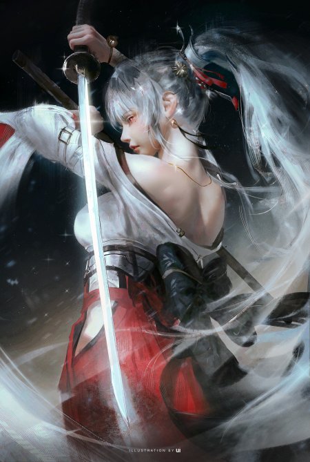 银发红瞳持剑少女白红和风服饰暗黑唯美动漫手机壁纸