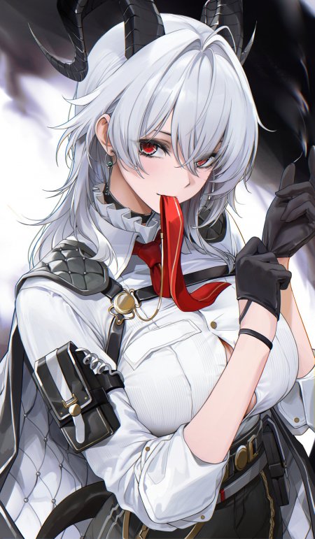 银发红瞳恶魔角少女白衬衫黑手套暗黑动漫手机壁纸