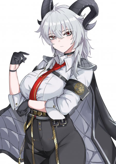 银发红瞳黑角少女白衬衫红领带灰披风动漫手机壁纸