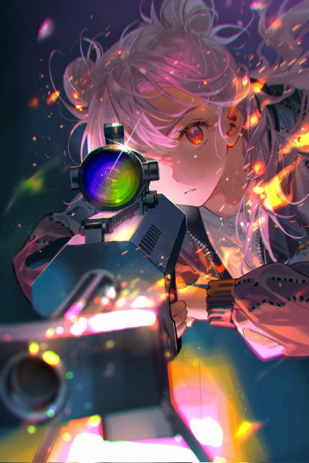 银发红瞳少女持枪瞄准炫彩光效动漫手机壁纸