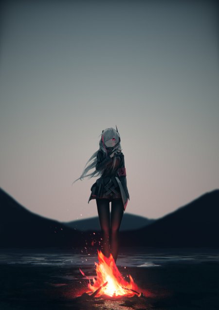 银发红瞳少女立于篝火旁暗灰背景动漫手机壁纸