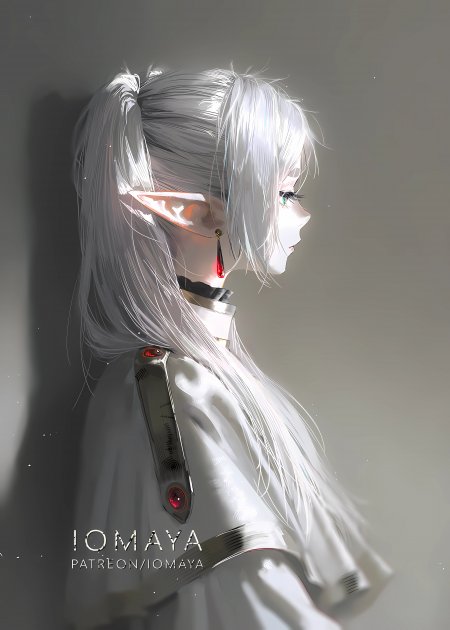 银发精灵耳少女侧颜红瞳白裙暗灰动漫手机壁纸