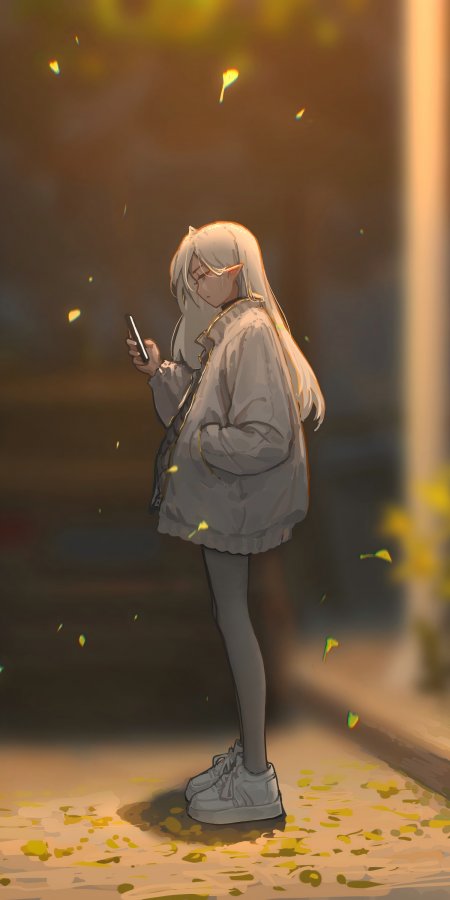 银发精灵耳少女秋叶纷飞暖金动漫手机壁纸