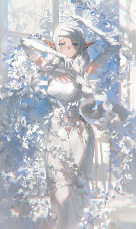 银发精灵少女白裙飘逸蓝白梦幻动漫手机壁纸