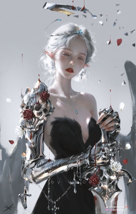 银发精灵少女黑裙骷髅铠甲玫瑰血滴暗黑奇幻手机壁纸